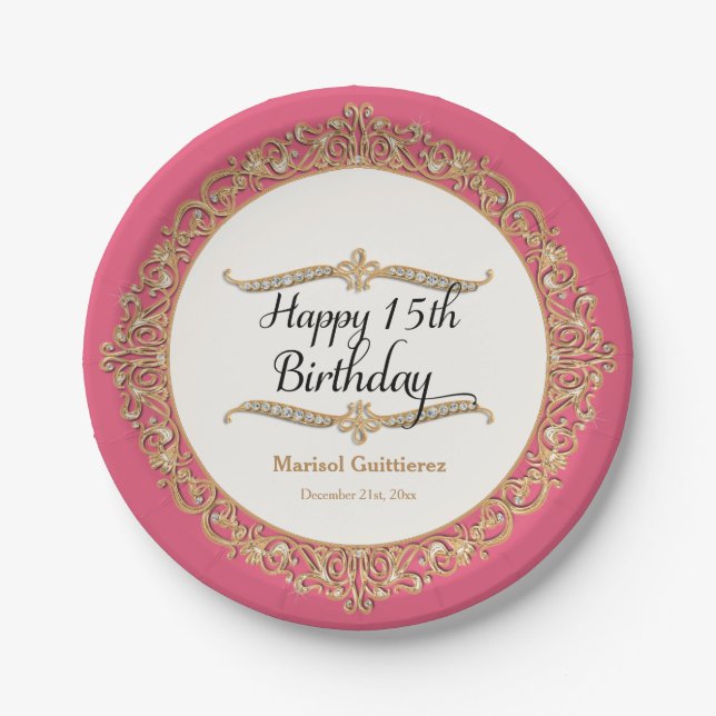 15th Happy Birthday Party Celebration Quinceanera Paper Plates (Front)