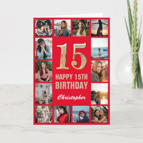 15th Happy Birthday Red and Gold Photo Collage Card