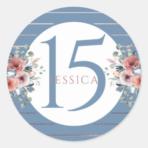 15th (or other) Birthday, Blue and Rose Gold Classic Round Sticker