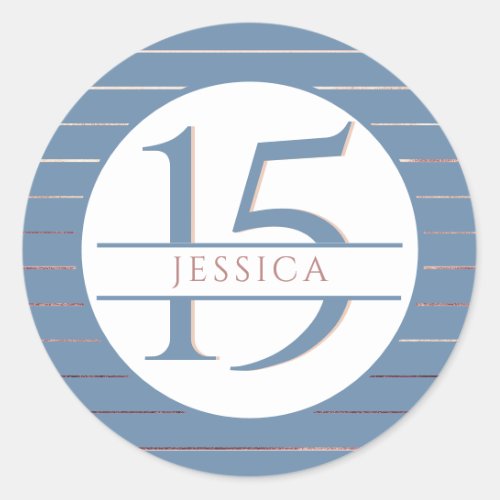 15th or other Birthday Blue and Rose Gold Classic Round Sticker