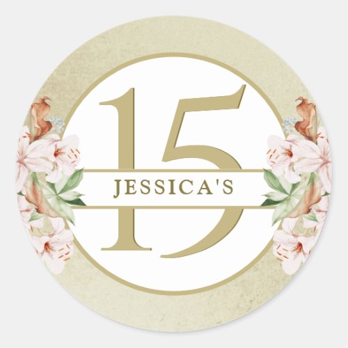 15th or other Birthday Champagne Gold Floral Classic Round Sticker
