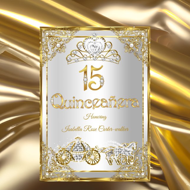 15th Pearl Gold White Quinceanera tiara carriage Invitation (Creator Uploaded)
