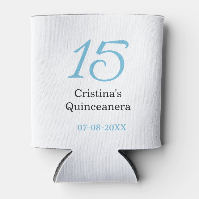 15th quinceanera birthday blue black bold letter n can cooler (Front)