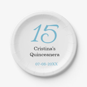 15th quinceanera birthday blue black bold letter n paper plates