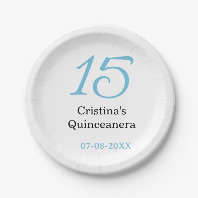 15th quinceanera birthday blue black bold letter n paper plates (Front)