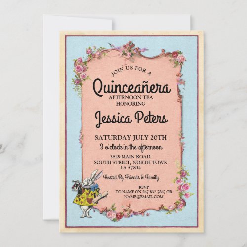 15th Quinceanera Party Wonderland Rabbit Invite