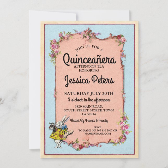 15th Quinceanera Party Wonderland Rabbit Invite (Front)