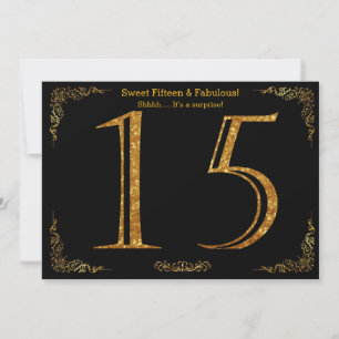 15th, Sweet Fifteen, Birthday party,black glitter Invitation
