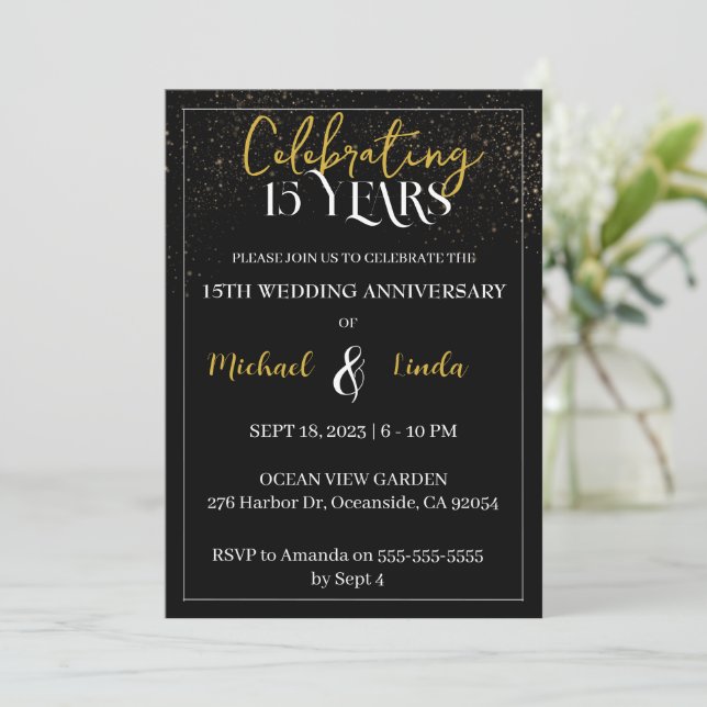 15th Wedding Anniversary Black Gold Couple Invitation (Standing Front)