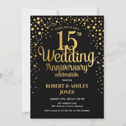 15th Wedding Anniversary _ Black  Gold Invitation