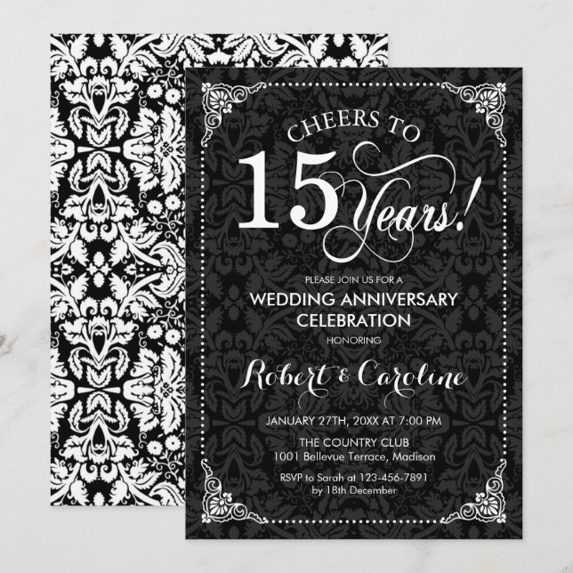 15th Wedding Anniversary - Black White Damask Invitation (Front/Back)