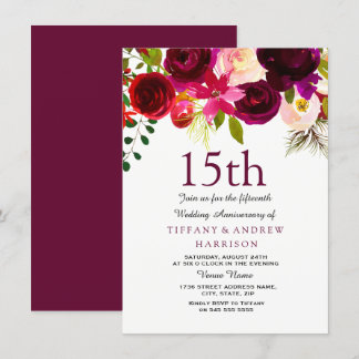 15th Wedding Anniversary Burgundy Flowers Invite