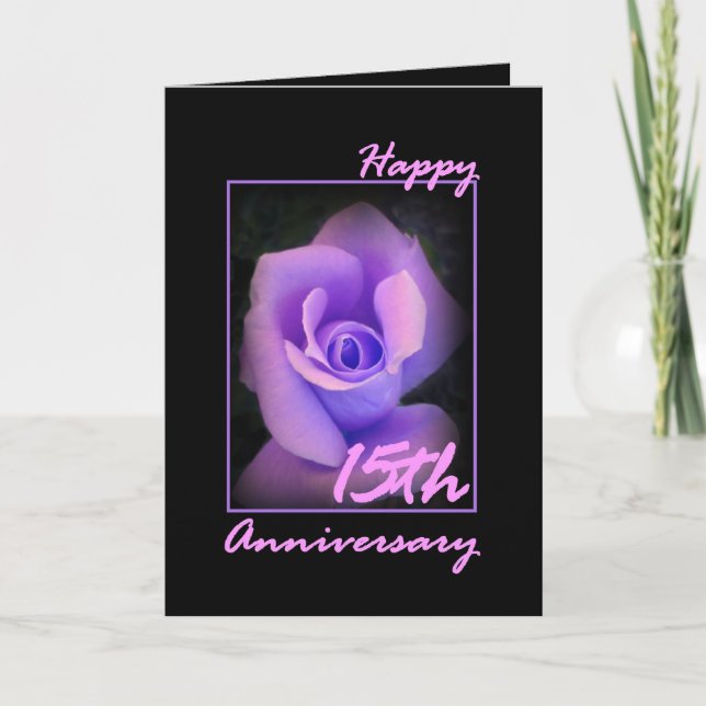15th Wedding Anniversary Card with Purple Rosebud (Front)