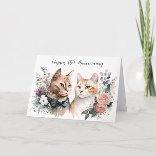 15th Wedding Anniversary Cats   Card