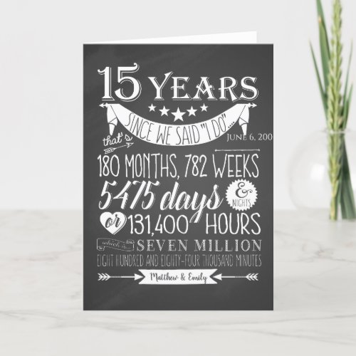 15th wedding anniversary chalkboard 15 years thank you card