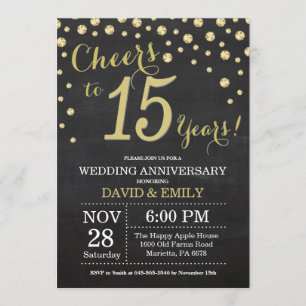 15th Wedding Anniversary Chalkboard Black and Gold Invitation