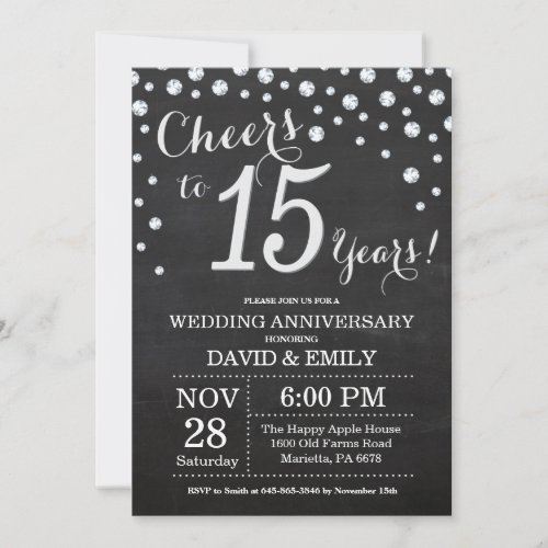 15th Wedding Anniversary Chalkboard Black Silver Invitation