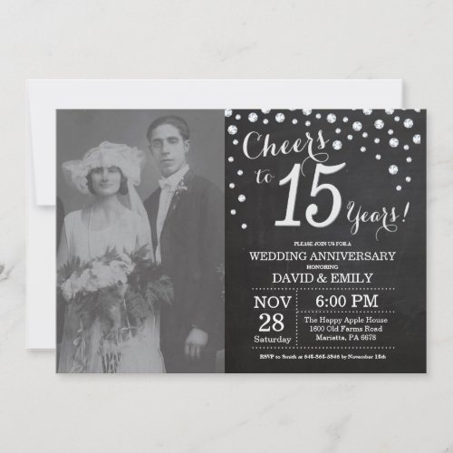 15th Wedding Anniversary Chalkboard Black Silver Invitation