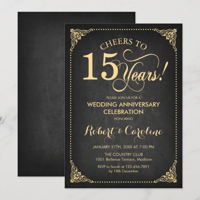 15th Wedding Anniversary - Chalkboard Gold Invitation (Front/Back)