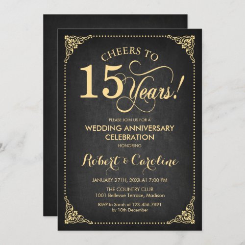 15th Wedding Anniversary _ Chalkboard Gold Invitation