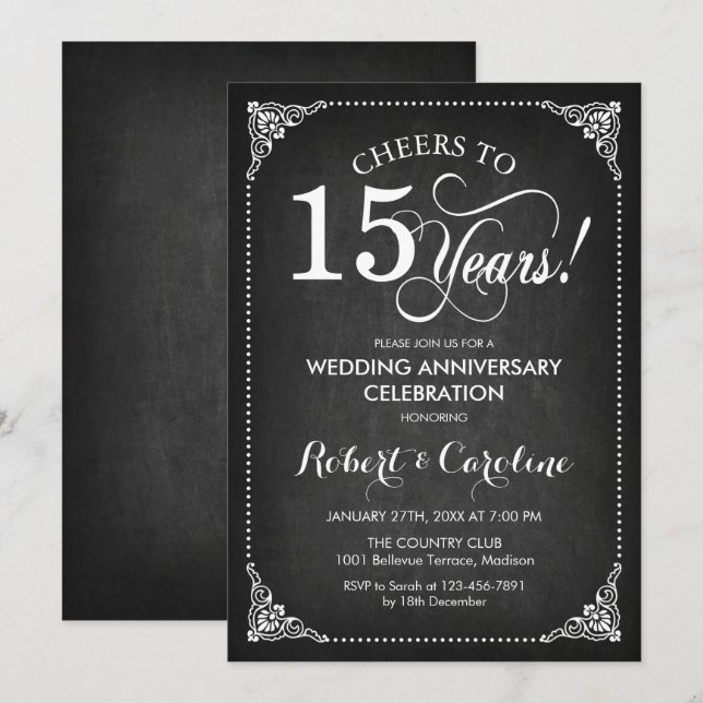 15th Wedding Anniversary - Chalkboard White Invitation (Front/Back)