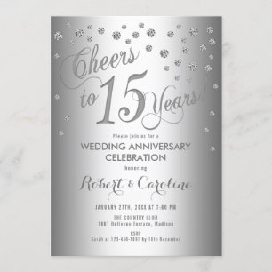 15th Wedding Anniversary - Elegant Silver White Invitation
