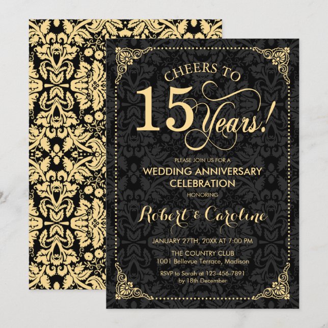 15th Wedding Anniversary - Gold Black Damask Invitation (Front/Back)