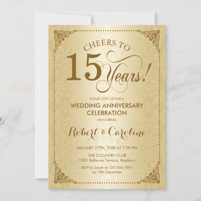 15th Wedding Anniversary - Gold Damask Invitation (Front)