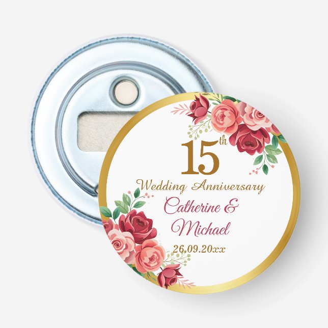 15th Wedding Anniversary Gold Frame Floral Bottle Opener (Front)