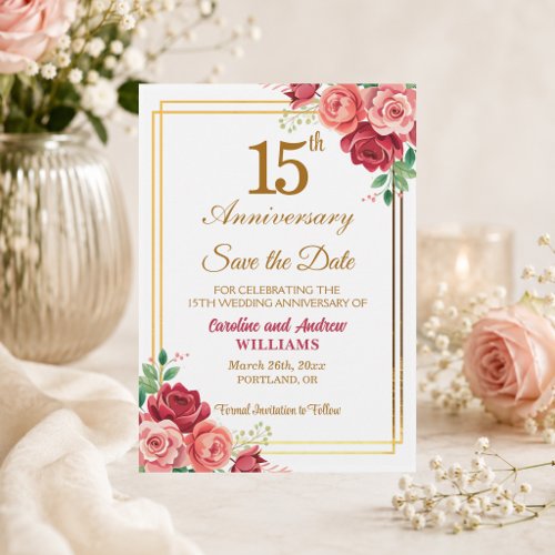 15th Wedding Anniversary Gold Frame Floral Save The Date