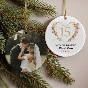 15th Wedding Anniversary Gold Hearts Couple Photo  Ornament