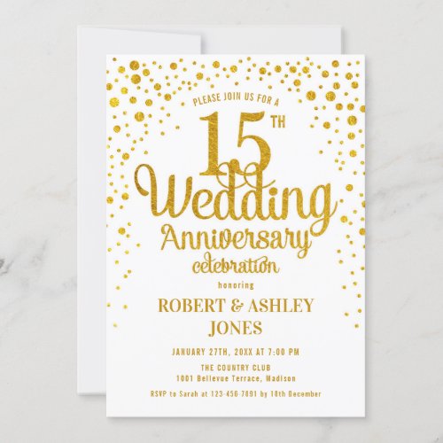 15th Wedding Anniversary _ Gold  White Invitation