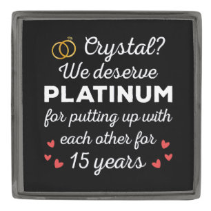 15th Wedding Anniversary I - Crystal Funny Couple Gunmetal Finish Lapel Pin