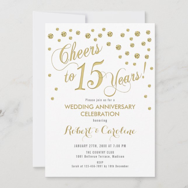 15th Wedding Anniversary Invitation - Gold & White (Front)