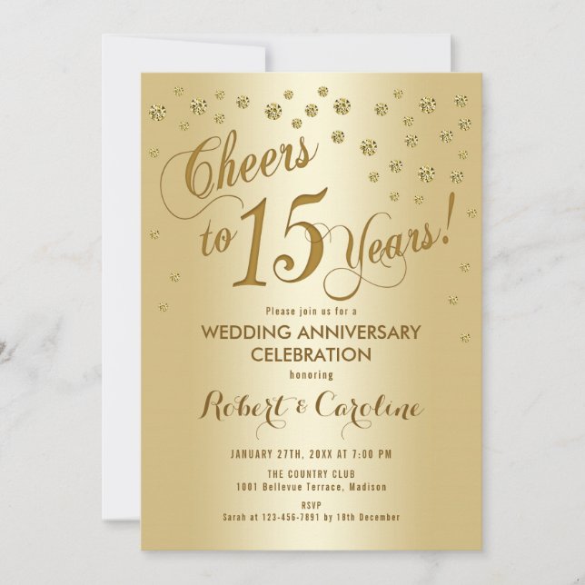 15th Wedding Anniversary Invitation in Gold (Front)
