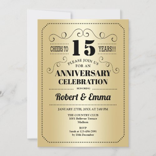 15th Wedding Anniversary Party _ Gold Black Invitation