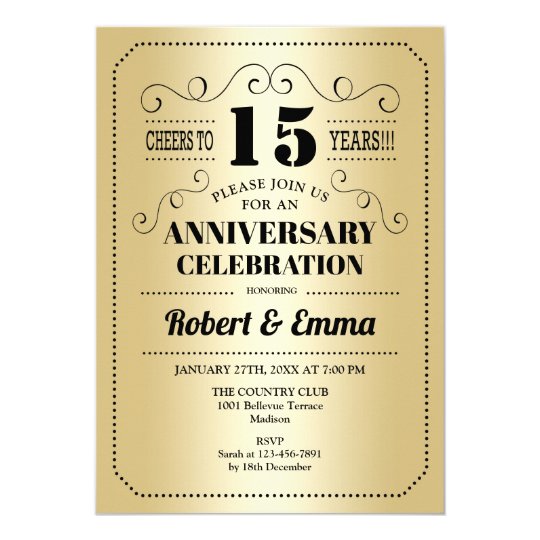 15th Wedding Anniversary Party Gold Black Invitation