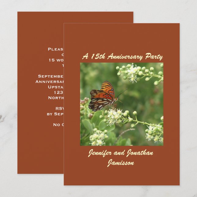 15th Wedding Anniversary Party Orange Butterfly Invitation (Front/Back)