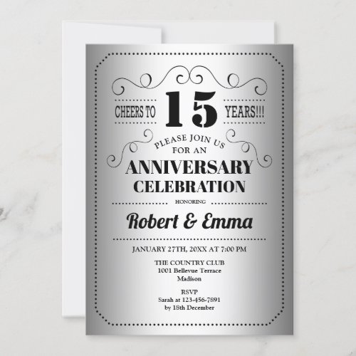 15th Wedding Anniversary Party _ Silver Black Invitation