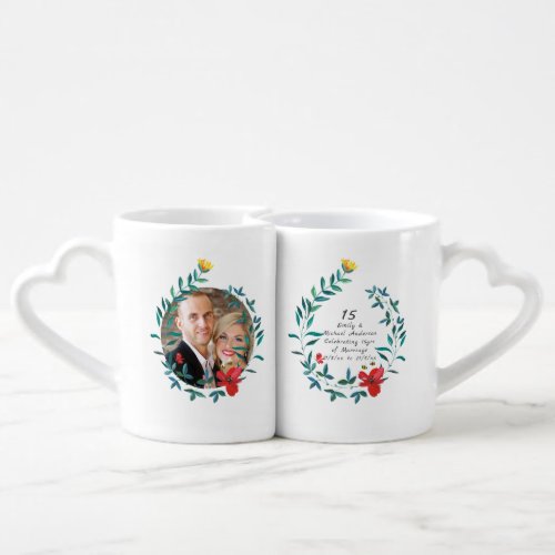 15th Wedding Anniversary PHOTO COUPLE Flowers Coffee Mug Set