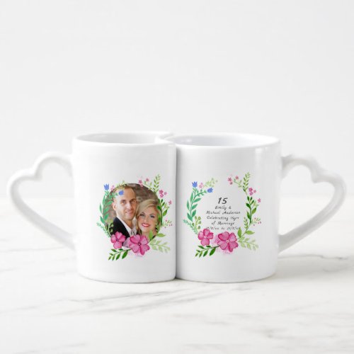 15th Wedding Anniversary PHOTO COUPLE Flowers Pink Coffee Mug Set