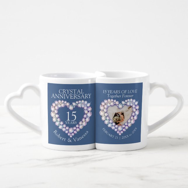 15th wedding anniversary photo crystal heart coffee mug set (Front Nesting)