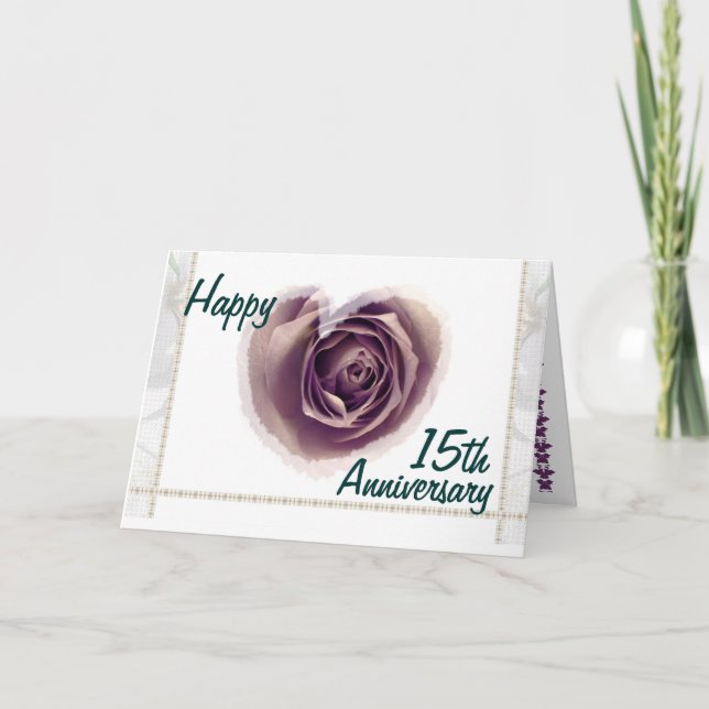 15th Wedding Anniversary - Purple Rose Heart Card (Front)