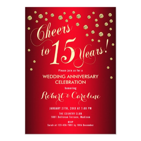 15th Wedding  Anniversary  Red Gold Invitation  Zazzle com