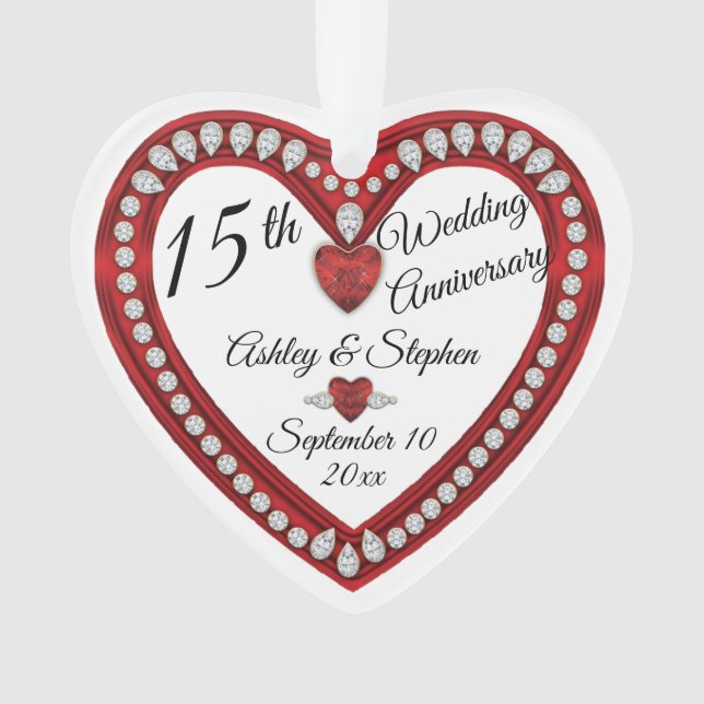15th Wedding Anniversary Ruby Diamonds Keepsake Ornament (Front)