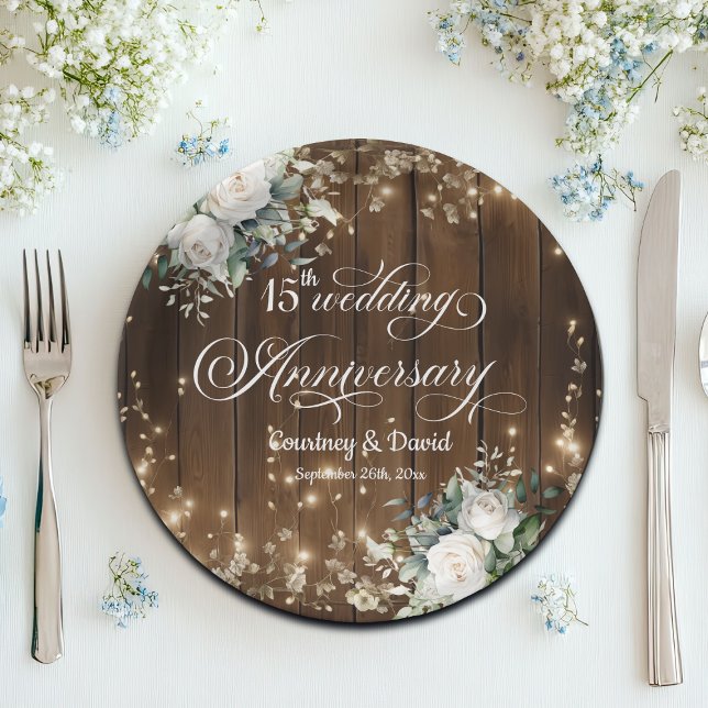 15th Wedding Anniversary Rustic String Lights  Paper Plates (Creator Uploaded)