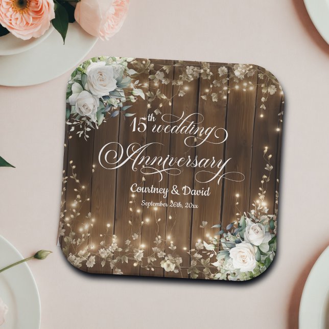 15th Wedding Anniversary Rustic String Lights  Paper Plates (Creator Uploaded)