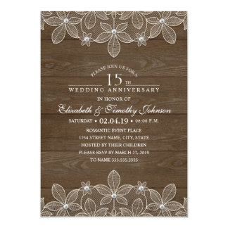 15th Wedding Anniversary Rustic Wood Country Lace Invitation