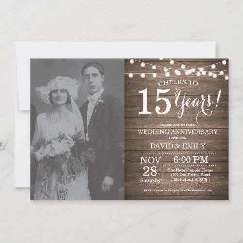 15th Wedding Anniversary Rustic Wood Invitation