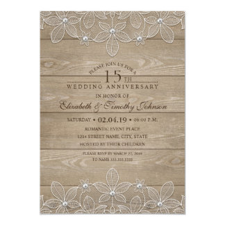 15th Wedding Anniversary Rustic Wood Vintage Lace Card